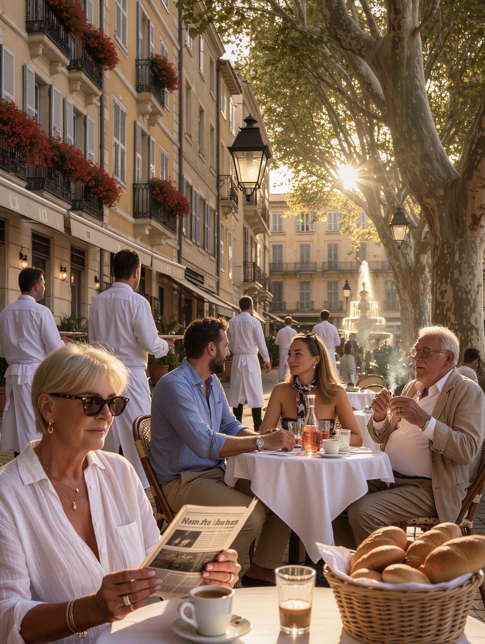Terrasse à Aix-en-Provence, plusieurs personnes discutent au soleil