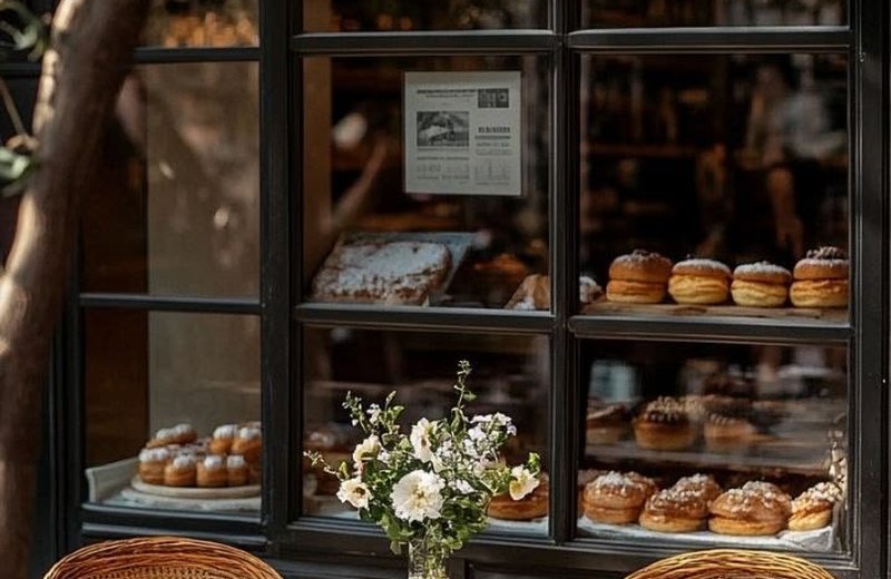 A warm French bakery window
